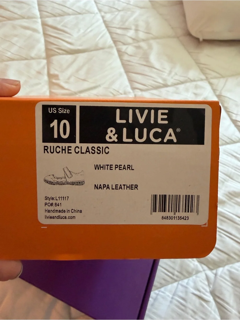 Livie & Luca White Pearl Ruche Classic Espadrille Box Label